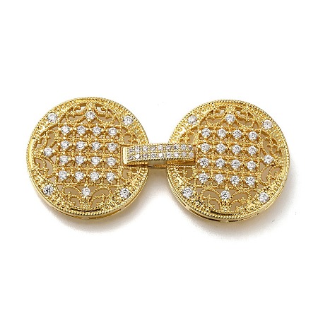 Rack Plating Flat Round Brass Micro Pave Clear Cubic Zirconia Fold Over Clasps KK-H512-08G-1