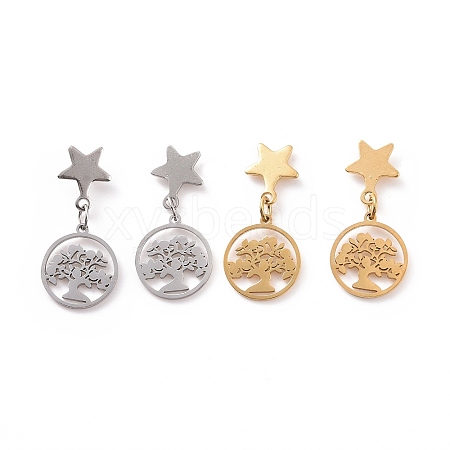 304 Stainless Steel Star with Tree Dangle Stud Earrings for Women EJEW-G328-08-1