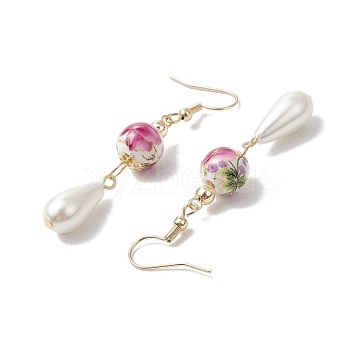 Round with Flower Pattern Porcelain Ceramic Dangle Earrings EJEW-JE06347-04-1