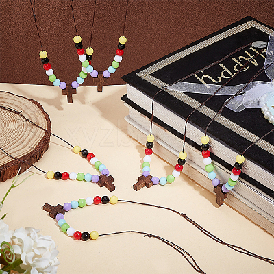 Wood Cross with Acrylic Beaded Pendant Necklaces for Women NJEW-AB00012-1