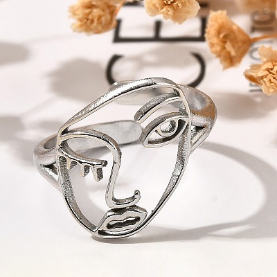 Hollow Human Face 304 Stainless Steel Open Cuff Rings for Women RJEW-M046-03P-1