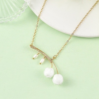 Handmade Lampwork & Cultured Freshwater Pearl Flower Pendant Brass Cable Chain Necklaces for Women NJEW-TA00259-1