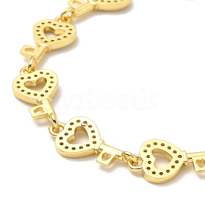 Clear Cubic Zirconia Hollow Heart Key Link Chain Bracelet BJEW-A132-14G-1