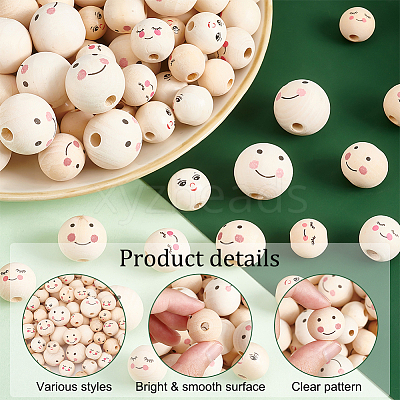 120Pcs 6 Styles Printed Natural Wood European Beads WOOD-PH0002-58-1