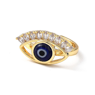 Lampwork Evil Eye Open Cuff Ring with Clear Cubic Zirconia RJEW-L104-02G-03-1