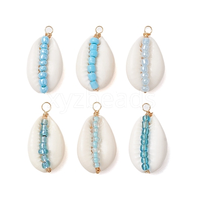 42Pcs 42 Styles Natural Cowrie Shell & Glass Seed Beads Pendants PALLOY-JF02759-1