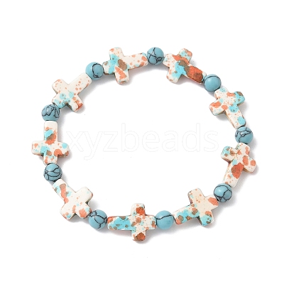Baking Paint Synthetic Turquoise Cross & Round Beads Stretch Bracelets for Men Women BJEW-JB12341-01-1