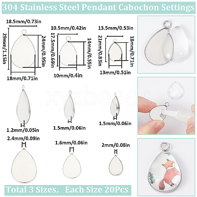 60Pcs 3 Styles 304 Stainless Steel Pendant Cabochon Settings STAS-SC0006-17-1