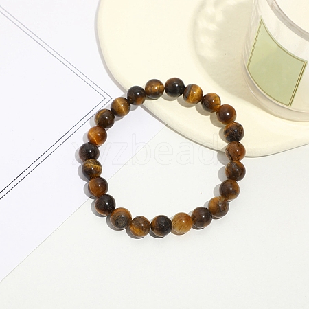 Natural Tiger Eye Round Beaded Stretch Bracelet PW-WG13379-02-1