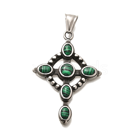 304 Stainless Steel Pave Dyed Synthetic Malachite Pendants STAS-R140-05AS-02-1