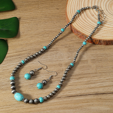 Synthetic Turquoise & CCB Plastic Round Beaded Necklaces & Dangle Earrings Sets WG1B28D-01-1