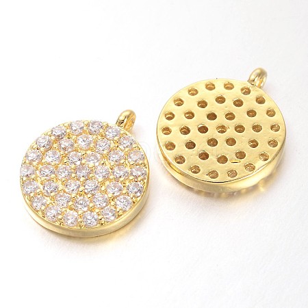 Hollow Flat Round Brass Micro Pave Cubic Zirconia Charms ZIRC-D052-G-1