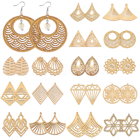   32Pcs Set 16 Styles Laser Cut Wooden Hollow Big Pendants FIND-PH0006-97-1