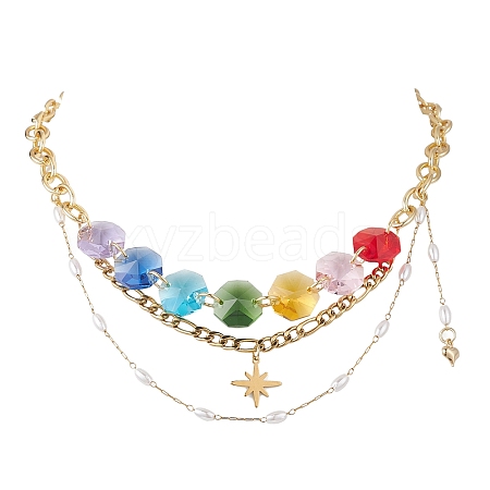 Star Pendant Chakra Octagon Glass Beaded 304 Stainless Steel Figaro Chain Bib Necklaces for Women NJEW-JN05533-1