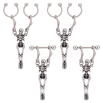 4Pcs 2 Style Stainless Steel Skeleton Skull Dangle Hoop Earrings for Women EJEW-AN0002-52-1