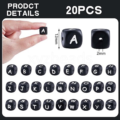 20Pcs Black Cube Letter Silicone Beads 12x12x12mm Square Dice Alphabet Beads with 2mm Hole Spacer Loose Letter Beads for Bracelet Necklace Jewelry Making JX433M-1