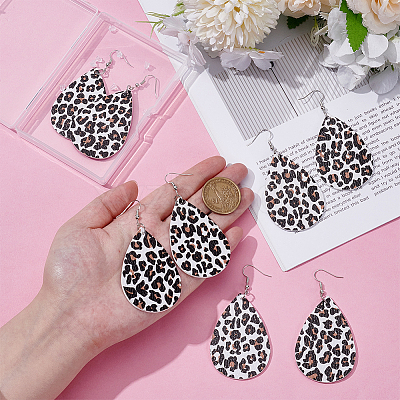 4 Pairs Artificial Leather Teardrop with Leopard Print Dangle Earrings EJEW-UN0002-92A-1