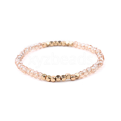 Gold-tone Miyuki Elastic Crystal Beaded Bracelet with Acrylic Tube Beads ST0993433-1