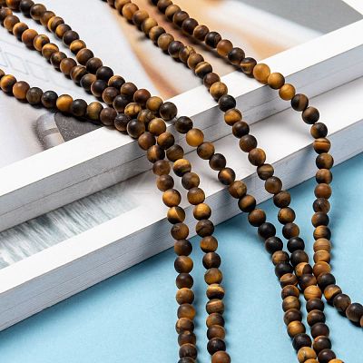 Natural Frosted Tiger Eye Round Bead Strands G-M064-4mm-02-1