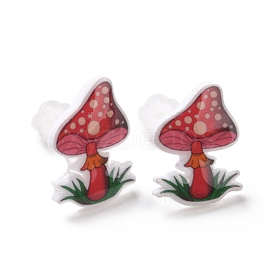 Acrylic Cartoon Mushroom Stud Earrings with Platic Pins for Women EJEW-F293-03E-1