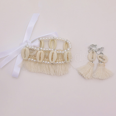 Polyester Tassel & Plastic Beads Earrings & Necklaces Sets for Women FS-WG06F5D-08-1