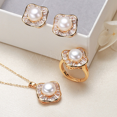 Brass Micro Pave Clear Cubic Zirconia Pendant Necklaces & Stud Earrings & Rings Sets WG2C5C9-06-1