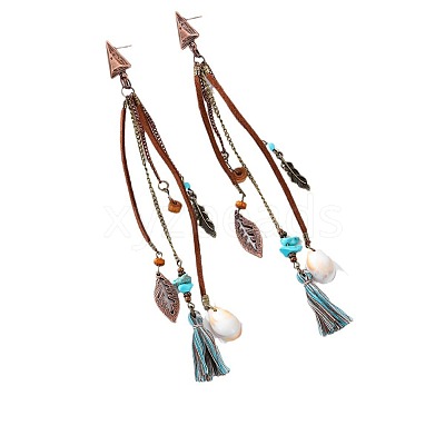Alloy & Synthetic Turquoise & Natural Shell Tassel Dangle Stud Earrings FS-WGE89CC-01-1