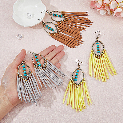 3 Pairs 3 Colors Imitation Leather Tassel Chandelier Earrings EJEW-FI0002-37-1