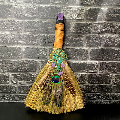 Straw Witch Altar Broom Display Decoration with Raw Natural Amethyst Chips WG15595-01-1