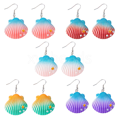 5 Pairs 5 Colors Shell Shape Resin Dangle Earrings with Iron Pins EJEW-FI0001-78-1