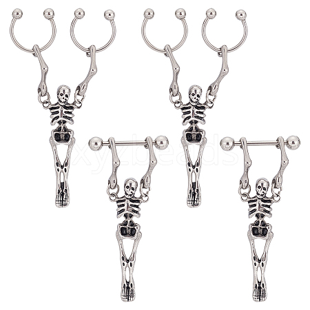 ANATTASOUL 4Pcs 2 Style Titanium Steel Skeleton Skull Dangle Hoop Earrings for Women EJEW-AN0002-52-1