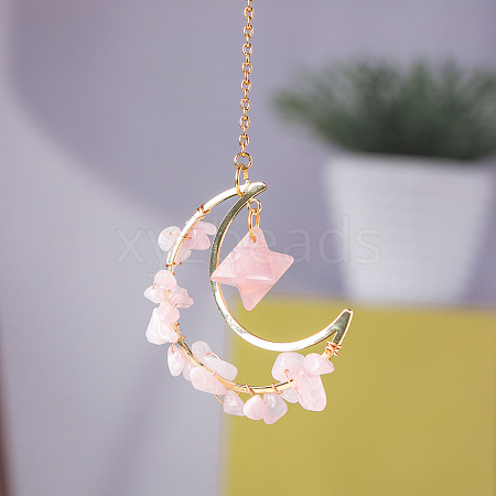 Natural Rose Quartz Chip Wire Wrapped Metal Moon Hanging Ornaments PW-WG29186-05-1