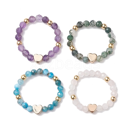 Round Natural Apatite & Green Aventurine & Amethyst & Moss Agate Beads Stretch Rings for Women RJEW-JR00714-01-1