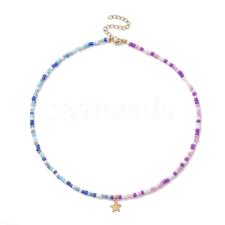 304 Stainless Steel Star Pendant Necklace with Glass Seed Beaded Chains for Women NJEW-JN04290-1