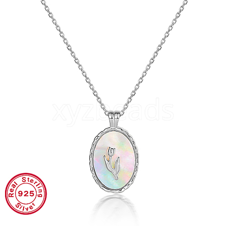Natural White Shell Oval with Flower Pendant Necklace with Rhodium Plated 925 Sterling Silver Chains OK6796-1-1