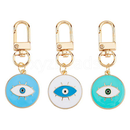 DICOSMETIC 3Pcs 3 Colors Flat Round with Evil Eye Alloy Enamel Pendant Decoration KEYC-DC0001-23-1