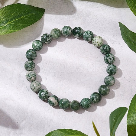 Natural Green Spot Jasper Round Beaded Stretch Bracelets for Women Men BJEW-JB11368-1