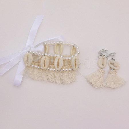 Polyester Tassel & Plastic Beads Earrings & Necklaces Sets for Women FS-WG06F5D-08-1
