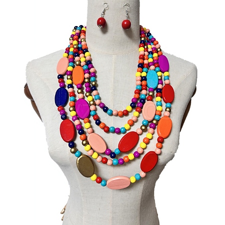 Handmade Wood Beads Multi-Layer Necklaces & Boho Dangle Earrings Set SJEW-A001-01A-1