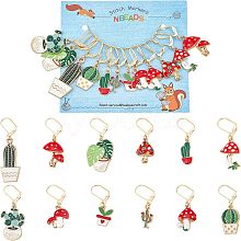 12Pcs 12 Style Cactus & Leaf & Mushroom Alloy Enamel Locking Stitch Markers HJEW-PH01501