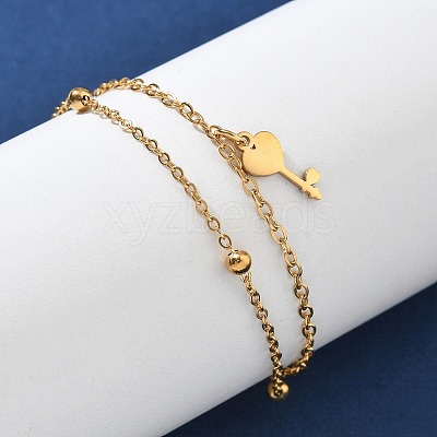 304 Stainless Steel Key Charm Chain Bracelets BJEW-M097-01B-G-1