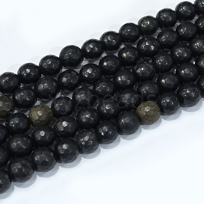 Faceted Round Natural Black Stone Beads Strands G-E302-066-8mm-1