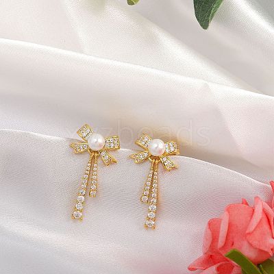 Clear Cubic Zirconia Bowknot Dangle Stud Earrings with Imitation Pearl Beaded JE1094A-1