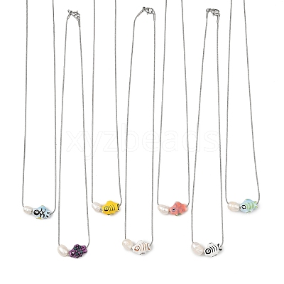 Handmade Porcelain Fish & Natural Cultured Freshwater Pearl Pendant 304 Stainless Steel Round Snake Chain Necklaces for Women NJEW-JN06398-1