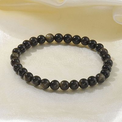 Natural Golden Sheen Obsidian Bead Stretch Bracelets X-BJEW-K212-A-020-1