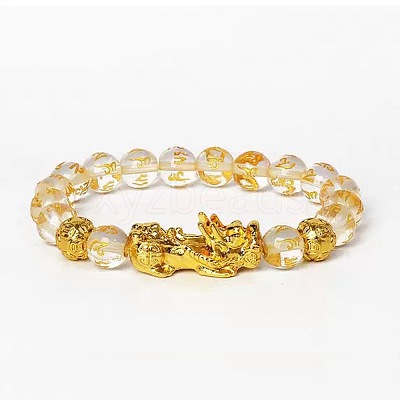 Golden Plated Alloy Pi Xiu 8MM Natural Quartz Crystal Six Word Mantra Round Beaded Stretch Bracelet for Men QJ0349-3-1