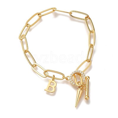 Letter B Brass Micro Pave Clear Cubic Zirconia Cable Chain Bracelets for Women BJEW-L696-112G-1