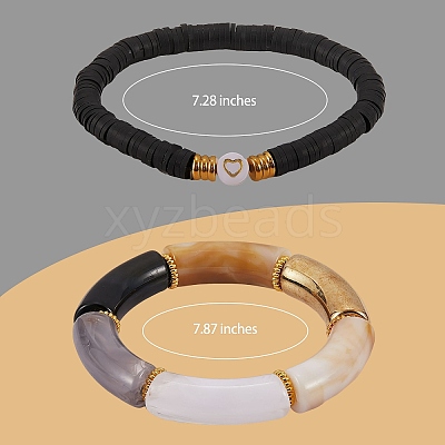 10Pcs 10 Style Handmade Polymer Clay Heishi Beaded Stretch Bracelets Set with Heart BJEW-SW00036-05-1