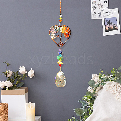1Pc Natural Mixed Stone Chip Wrapped Heart with Tree of Life Hanging Ornaments HJEW-DJ0001-15A-1