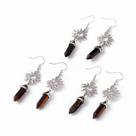 Natural Tiger Eye Bullet with Sun Dangle Earrings EJEW-I276-01P-08-1